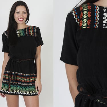 Heavily Embroidered Guatemalan Dress / Vintage Mexican Hand Woven Puebla Oufit / Waist Tie Belted Mini Frock 