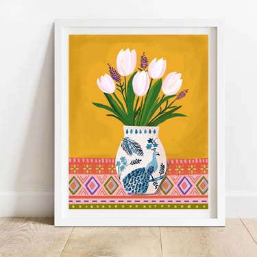 White Tulips In Peacock Vase/ Still Life 8X10 Art Print/ Floral Bouquet Wall Decor/ Chinoiserie Illustration 