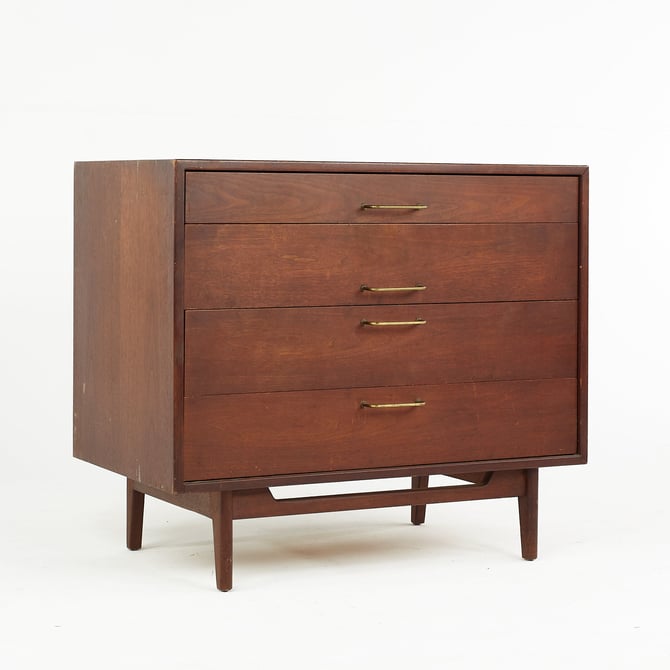 Jens Risom Mid Century Walnut and Brass 4 Drawer Dresser Chest - mcm 