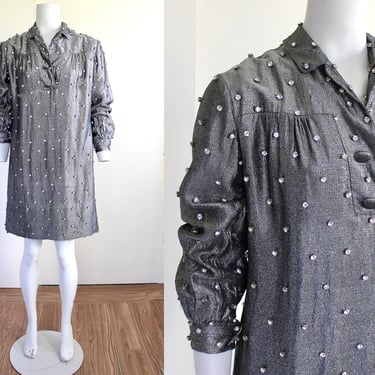 Glittery 1950s Metallic Silver Lamé Dress Embellished with Prong Set Rhinestones - Vintage Formal Shift Dress - Large 