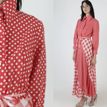 Red White Gingham Maxi Dress / Vintage 70s Americana Picnic Dress / Checkered Polka Dot Long Dress 
