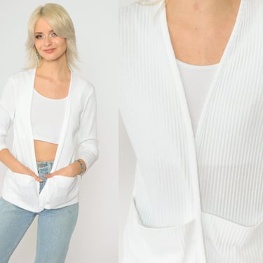 Ribbed White Cardigan Jacket 00s Open Front Retro Basic Plain Simple Lightweight Pocket Front Vintage 2000s Small xs 