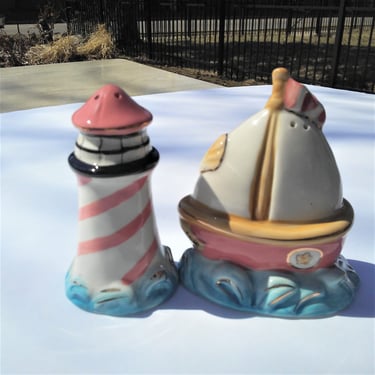 Vintage Salt and Pepper Shakers, Hand Painted Novelty Shakers, Sailboat and Lighthouse Set, Designed by Heather Goldminc 