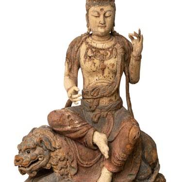 Chinese Monumental Carved Wood Guanyin on Lion