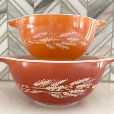 Pyrex Autumn Wheat Nesting Cinderella Bowls, No. 441 and 442, Orange, Rust, Vintage Mixing Bowl, Retro, 80s, Bakeware 