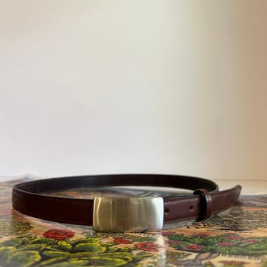 Eddie Bauer Brown Genuine Leather Silver Solid Brass Rectangle Buckle Belt - M 