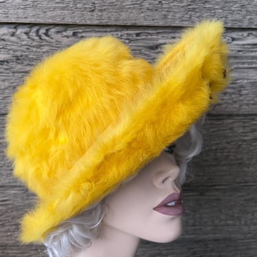 yellow fur hat 1960s fuzzy statement folded brim chapeau 