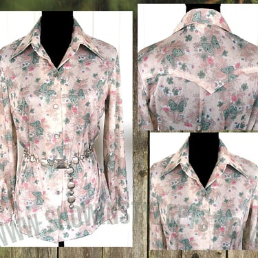 H Bar C Vintage Western Women's Cowgirl Shirt, Rodeo Blouse, Beige Print with Butterflies & Flowers, Approx. Medium (see meas. photo) 