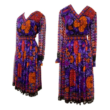 Vtg Vintage 1980s 80s Designer James Chen Purple Orange Floral Sheer Midi Dress 