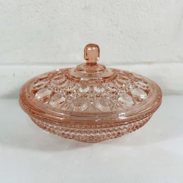 Vintage Pink Glass Covered Candy Dish Stasher Lidded Box Trinket Vanity 1950s Indiana Windsor Peach Ballard Bowl Mid Century Depression 