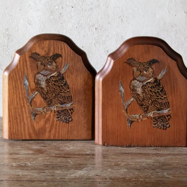 Horned Owl Wooden Bookends, Pair of Vintage Tiger Owl Transfers on Book Ends, Hoot Owl Decor 