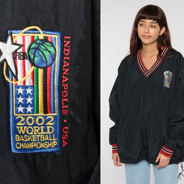 2002 FIBA World Championship Jacket Y2K Basketball World Cup Pullover Windbreaker Indianapolis V Neck Black Vintage 00s Champion Mens Large 