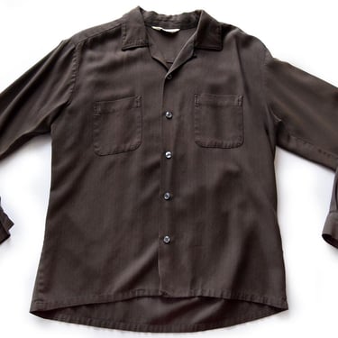 50's Men's Gabardine Taupe Shirt, Long Sleeves, 1950's Vintage 1940's Gray Brown Pinstripe Oxford 
