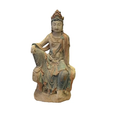 Rustic Wood Sitting Bodhisattva Kwan Yin Tara Buddha Statue ws2751E 