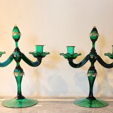 Stunning Venetian Murano Blown Glass Pair of Candelabra or candle holders in rich Green Color 