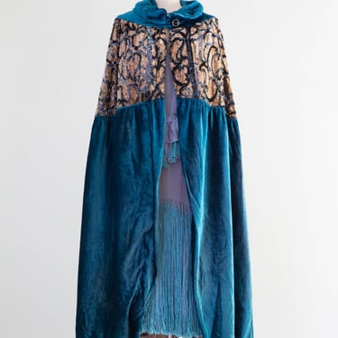 Exquisite 1920's Cerulean Blue Velvet Embroidered Evening Cocoon Cape / OSFM