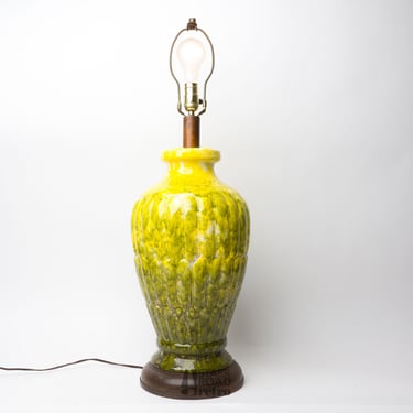Mid Century Yellow and Green Glaze Table Lamp, Large, Urn Shape, 32" Tall, Long Honeycomb Pattern, 1970s 