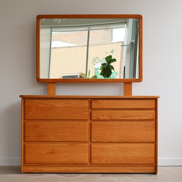 Solid Oak Post Modern Dresser and Mirror 