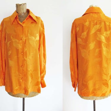 1960s Tangerine Orange Silk Blouse S M - Vintage 60s Collared Button Up - Embossed Leaf - Colorful Bold Bright Mod Shirt 