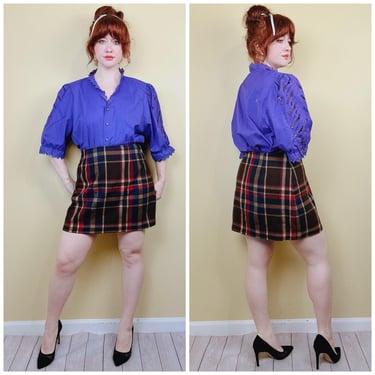 1990s Vintage The Limited Brown Plaid Mini Skirt / 90s Clueless Red and Blue Check Wool / Nylon / Large 