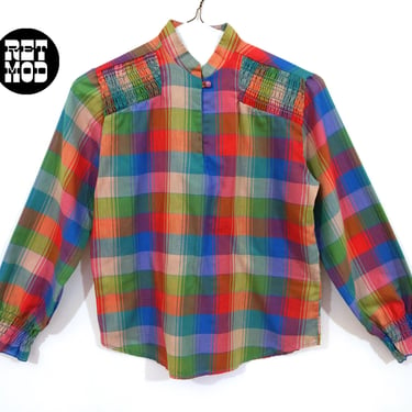 Cute Colorful Vintage 70s Plaid Long Sleeve Blouse 