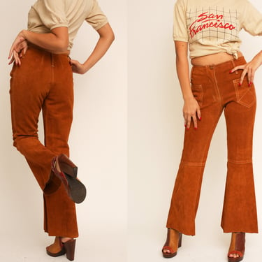 Vintage 1960s 60s Woodstock Era Tan Suede Leather High Waisted Flared Pants Trousers 