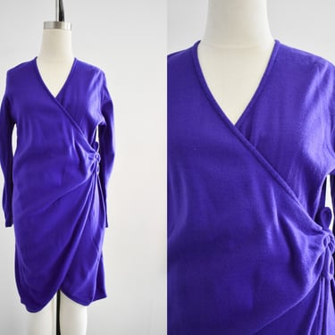 1980s Purple Sweater Knit Wrap Dress 