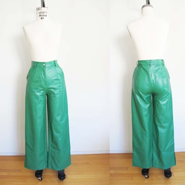 Vintage 70s Green Pleather Trouser Pants S - 1970s High Waist Wide Leg Fake Leather Vegan Pants 