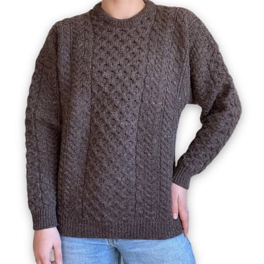 Orvis Mens Brown Wool Chunky Cable Irish Fisherman Sweater Made in Ireland M 