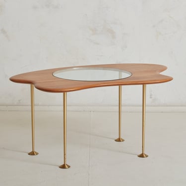 Cherry Wood + Glass Top Coffee Table with Brass Legs, Mid 20th Century