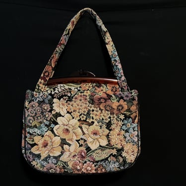 vintage tapestry purse 1960s dark floral handbag 