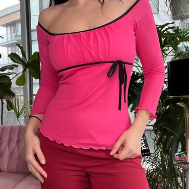 Deadstock hot pink long sleeve blouse with boat neck