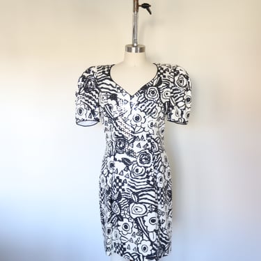 80s Vintage Studio 54 Rock-ability Style Floral/Geo Print Sequin Cut-Out Puff Sleeve Dress