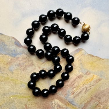 Vintage Gump’s Signature 12mm Black Jade Bead Necklace 18K Diamond Clasp 18” 96g 