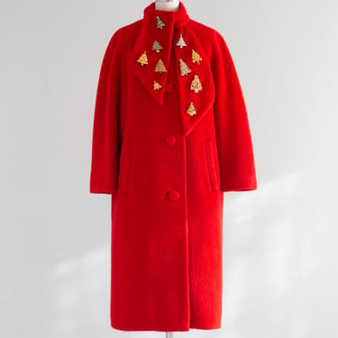 Fabulous 1950's Cherry Red Wool Cocoon Coat By Lilli Ann / Medium