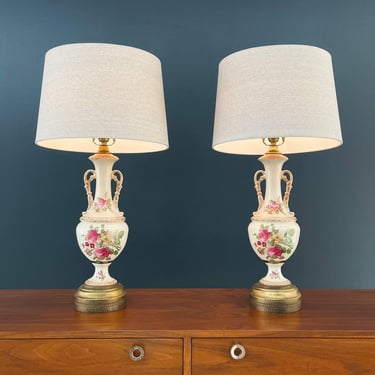 Pair of Vintage Art Victorian Hand Painted Porcelain & Gilded Table Lamps, c.1950’s 
