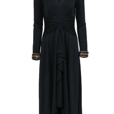 Shoshanna - Black Long Sleeve V-Neck Gown w/ Front Slit & Ruffle Sz 8
