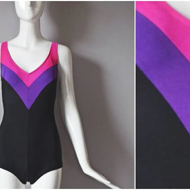 vtg 90s Slim Allure black pink purple striped colorblock one piece swimsuit | 1990s  10 bathing swim beach beachwear summer swimwear resort 