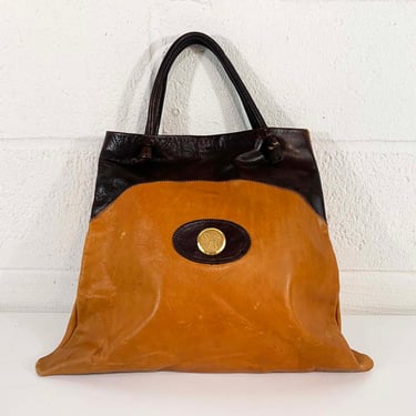 Vintage Italian Large Leather Tote Italy Bag Minimalist Purse Handbag Brass Hardware 1960s 