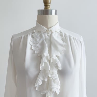 lace collar blouse 80s vintage silky white ruffled jabot cute cottagecore blouse 