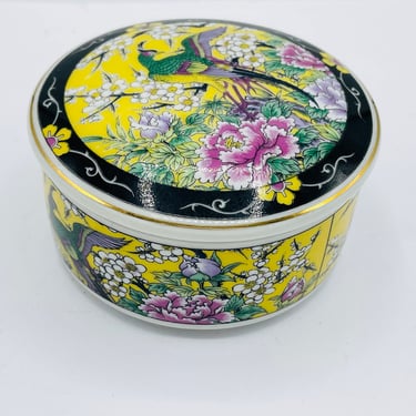 Floral Trinket Box Hand Painted Hexagon Lidded Footed Made in Japan