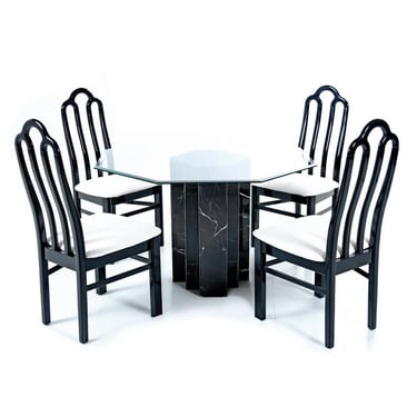 Belgian Black Marble Nineteen-Laties Asian Modern Black Lacquer Dining Table & Chairs Set 