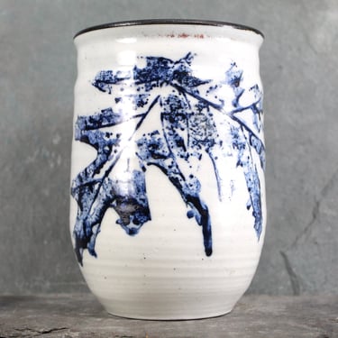 New England Pottery Vase | Blue Oak Leaf Pattern | American Pottery Folk Art | Hand Crafted, Painted, and Glazed | Signed 