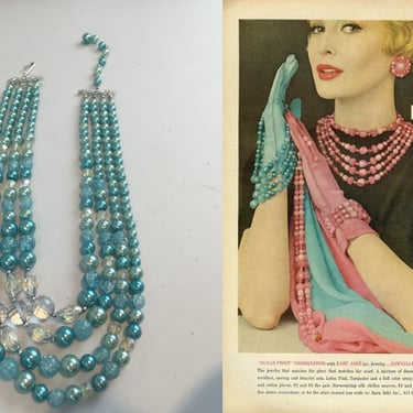 Hawaiian Waters - Vintage 1950s 1960s Stunning Aqua Turquoise & Clear Facet Cut Faux Pearl Bead Strand Necklace 