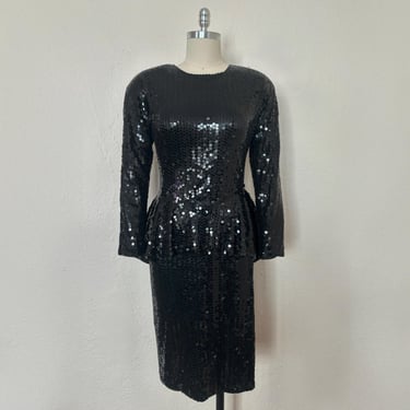 1980s Black Sequin Cocktail Dress by Oleg Cassini, Medium to Large | 80s Vintage Long Sleeve Dress w/ Peplum (M, L, 38-30-42) 
