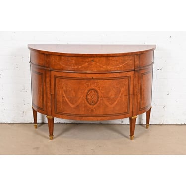 Baker Furniture Style French Regency Louis XVI Burl Wood and Inlaid Marquetry Demilune Chest of Drawers