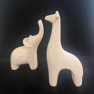 Whimsical Modernist Pair Of Elephant & Giraffe in Mate satin Porcelain Finish