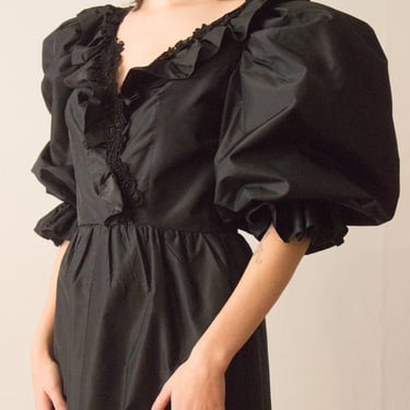 1980s Gothic Romance Silk Taffeta Puff Sleeve Dress 