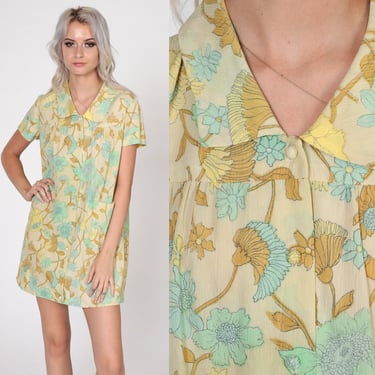 70s Mini Dress 60s Shift Yellow Mod Floral Shirtdress Hippie Boho Button Up Short Sleeve Pocket Vintage 1970s Bohemian Medium 