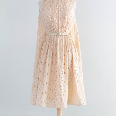 Fabulous Late 1950's Eyelet Cotton Occasion Dress In Soft Bisque By Estevez / SM